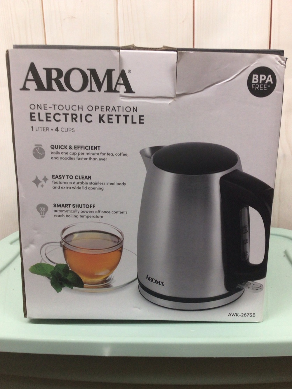 Aroma 1L Silver and Black Electric Kettle Model AWK-267SB